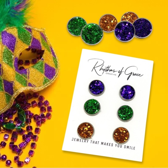 Sparkle & Shine: Mardi Gras Trio of Glitter Stud Earrings! NWT Studs - Picture 5 of 10